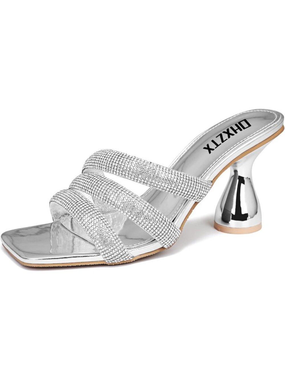 Women's Silver Rhinestone Square Toe Backless 3.15 IN Chunky High Heel Sandals